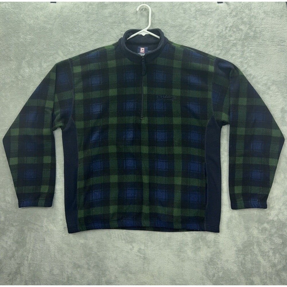 Chaps Ralph Lauren Men's Large Fleece Quarter Zip Sweatshirt Green Blue Plaid